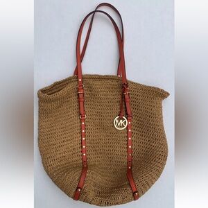 Michael Kors Raffia Orange Leather Trimmed Large Tote Beach Bag